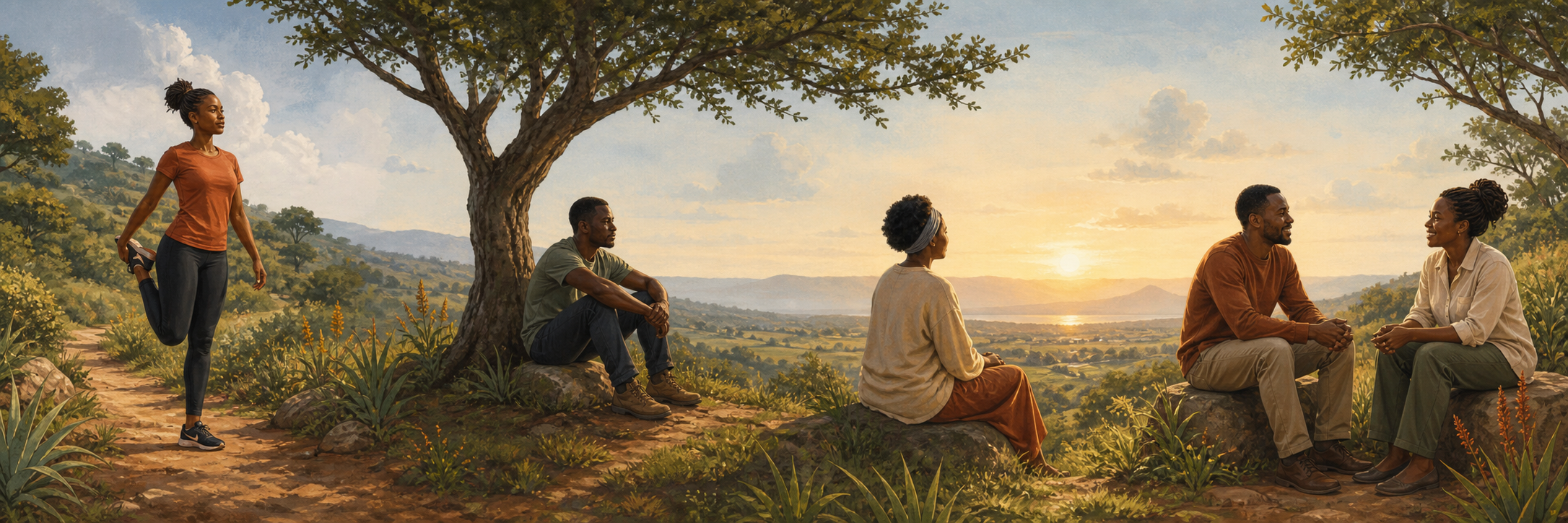 Illustrated moments of body, mind, spirit, and social wellness in a Kenyan highland landscape
